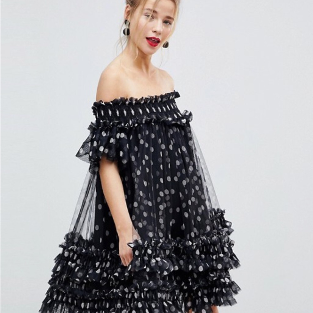 ASOS Bardot Tulle Ruched Mini Polka Dot Dress